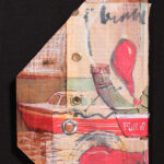 a trapezoid-shaped artwork turned up on end to mimic the shape of a sail boat with pieces of lined paper collaged on top with different sized found grommets place along the edge suggesting a sail; an image of a boat heading out to sea pulling a piling along with it by a rope; two red balloons are in the montage - one floating, the other laying flat on the water; lyrics from Sarah McLaughlin's "Full of Grace" are included in a whirlpool shaped formation and as the name on the boat