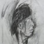 a profile image a woman with age lines on her cheeks and under her mouth, dark hair and bangs resting on her still face but increasingly energized lines moving out and around the face and along the upstretched arm