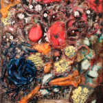 a carefully rendered stein with an image of a woman in a dress and apron sitting solemnly at a table, sitting on a dark wooden surface and holding a large bouquet of painterly, unrefined flowers including red poppies, closed orange lillies, yellow carnations, mint green leaves, pops of white babies breath made of screw heads and jingle bells, and high-relief sculpted blue aluminum can roses