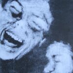 two unrefined faces lit in very high contrast as though by a flashlight in the woods; one is laughing ferociously and the other more subtly as though they are taunting the viewer or someone unseen
