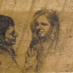 a teenage boy and teenage girl looking at one another affectionately, the boy resting his hand on the girl's arm, only their heads necks and one shoulder of each rendered so that together the figures' outline suggests a heart shape