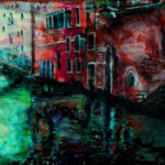 a Venetian canal with a woman face lying on the surface of the olive green and teal water facing upward toward the left and the image of a man's face overlaid on the burgundy, gray, cranberry, and orange-colored buildings facing downward and toward the right