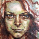 a woman painted with brown, green, ochre, and cream hues looking at the camera intently, head-on and straight-faced