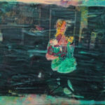 photo transfer of a musician seen from the back playing his keyboard surrounded by speakers, cases and other large equipment, laid over top of a colorful mint green, terracotta, and ochre colored background; the details of the figure's body have been carved out of the photo transfer to allow the full intensity of the colorful splotches of acrylic paint in the background to show through vibrantly, lighting up his body with artful painterly brushstrokes