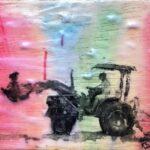 a man driving a tractor with a raised front-end loader carrying his wife in front of a backdrop of vertical diffused rainbow-like stripes - red, blue, green, yellow, orange, red