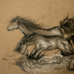 Two horses with wild white eyes and muscular bodies galloping through the water, manes and tails whipping up