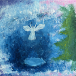 A transparent angel ascending from a deep dark blue ground encircled in light blue and white fog and clouds, a spotlight-like circle of light blue is directly below the angel; a warm green evergreen tree is a the right side of the painting, and the sky is divided at the top between a deep purple at the left and a bright pink at the right behind the tree
