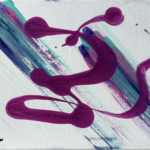 Two large multicolored brush swipes of purple, dark blue, and turquoise placed diagonally across the canvas with curvy text- or character- like thick to thin purple lines moving over top of the surface, seeming to pool here and there into larger circular masses