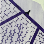 A patchy, linear, abstract purple and white brick wall that recedes upward with leafy vines growing up at the center toward a white sky and the small silhouette of a cat sitting on top of the wall
