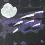 Six bright white shooting stars swooping diagonally all together toward the right, under and away from a large white and gray textured moon, with silhouettes of trees below against a dark, but glowing sky of black, purple, and indigo
