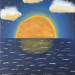light and dark orange sun with a glowing blue sky radiating out to dark blue with stars; three soft puffy white clouds above have the orange reflections of the sun on their undersides; the rippling, but calm ocean lies below with a perfect semi-circular reflection of the sun