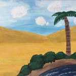 Dark tan sand dunes come to a V-shaped descent in the background revealing a hazy blue sky with streaks and puffs of clouds; lighter tan flat sand leads to the foreground where there is an oasis at the front right corner with deep blue water, dark and light brown shore, dark green thick healthy shrubs all around and a palm tree