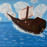 A ship with one sail leaning as it heads out diagonally to sea, with white water splashing up against its side, crew members out on the deck, and tall puffy clouds against a blue sky in the background
