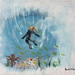 A blonde figure in a scuba suit plummeting down from above into the water with an octopus, seaweed, coral, and a school of fish down below along the seafloor; the colorful scene is concentrated in a porthole-like circle that fades gently from bright color out to the white of the canvas