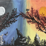 A silhouette scene of a night sky on the left and a sunrise on the right each with a sparsley-leaved branch leaning inward toward the center, some distant trees and shrub brush at the bottom on each side and one wolf howling on a rock at the center