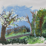 A bright and painterly image of a Bradford Pear tree full of speckles of white flowers at the left and to the right a tree that has yet to produce leaves, alongside a vine-covered evergreen; at the center we get a glimpse of a road, sign and line of trees beyond; the grass of various textures and shades and splotched with shadows; the sky is vibrant blue with bits of the raw canvas showing through at the edges; the entire scene fades outward with painterly brushstrokes to the white of the canvas at the edges