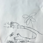 A chameleon on the upper branch of a very smoothly curved fallen tree, excess branches cut off, leaving just small elipses, a very simple tree is in the background, having only a single line for a trunk and large ovals for leaves all attached at the top; below the cameleon on the ground is a water bowl, two strawberries, grass, a flower, and a couple of mushrooms