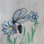 A bumble bee with soft shading that emphasizes the curvy sections of it's body, but dark lines and outlines on the veined wings and on the daisies and grass around it; green, yellow and white were used to give color to the bee and flowers