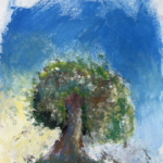 A single tree painted impressionistically with varied, clearly visible brushstrokes in various shades of warm greens, butter yellow, dusty blue, white, red, and light and dark brown; the tree appears to have leaf-like wisps blowing off of it in front of a sky that is bright buttery yellow at the bottom left and deep dusky blue above; the entire scene fades outward with painterly brushstrokes to the white of the canvas at the edges