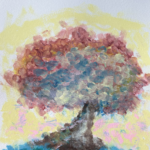 A single tree leaning to the right with lush foliage and comprised of fingerprint-like brushstrokes of color in a pointillist style; the painting is warm with a butter yellow sky, rose and burgundy leaves at the edges of the tree top, the center of the tree foliage dotted with yellows, whites, and dusty blue; the trunk is dark brown at the edges fading to a bright white at the center and sits on a teal green grassy mound; the entire scene fades outward with painterly brushstrokes to the white of the canvas at the edges