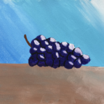 High contrast dark purple grapes with dramatic white reflections sitting on a smooth muted brown surface with soft rays of light shining down in the subtle lines of lighter and darker blues of the background