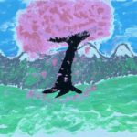 A leaning cherry blossom tree with a black trunk and lots of rhythmic lines and textural brushstrokes making up the flowered canopy, petals cascading down, cool green grass, and wavy ground and snow-capped mountain range behind