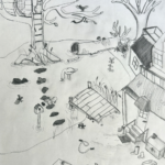 A playful very detailed scene of a front porch of a house and the yard that surrounds it with a jump rope, boots, and a goose in the yard, a walking path, birdhouse, tree with a snake, bird, and a ladder leading to a treehouse with a cat in the doorway, another tree that has fallen and hollowed out as a home for animals