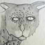 The face of a leopard coming in from the left looking straight at the viewer with darkly outlined, intense almond shaped eyes and ears down