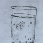 A line drawing of a glass of clear drink with an ice cube and bubbles floating in it