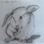 A fuzzy looking bunny with soft shading and a curved tucked standing posture that makes it look to be shy