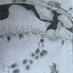 A snow scene of a yard covered in snow with a child making footsteps as he or she walks away from the steps out toward the white wooden fence and gate leading out to a patchy ice-covered road and wagon across the street
