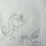 Two dragons, one with a curvy tail and headdress-like scales radiating out of its head and bubbles all around; the other dragon is on the ground with wings, a mask over its eyes, a bib around its neck, an apple on its nose, and a picnic basket hanging from its tail