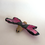 Butterfly sculpted with plaster gauze and painted with acrylic paints to have a brown body and pink wings outlined in black