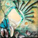 a square low-relief mixed media encaustic painting of cream, turquoise, green and ochre with the iridescent purple of muscle shells that are oriented vertically across the bottom from left to right gradually laying horizontally and appearing to float away; two pieces of similarly sized turquoise glass shards are arranged above the shells and outlined in black that mimic the black of a ray-like, radial arrangement of bent rusty nails arranged small to large and back to small around the top right edge of a circular mirror embedded slightly off-center into the teal-black encaustic medium of the bottom; there are two concave circular scoops out of the wax - one at the top left, the other down to the right of the mirror - revealing the golden wood below