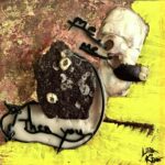 a square low-relief mixed media painting divided in half by a collection of found beach objects each with a notable pair of holes, as well as black leather cord and black text reading "me," "me," "Then you"; the background of the top left is gold and copper leaf and of the bottom right is bright yellow