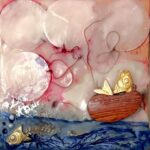 a square mixed media image of two fish, one in the water, one in a wooden boat; there are round clouds in the sky with red edges at the center where a thread swirls above the water and up into a figural shape in the boat