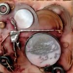a square mixed media painting of cream, gold, silver, and burgundy that has various circular found objects layered over top of each other, two are mirrors, smaller ones along the edge have holes through the center and some are strung onto the split wire arm of a figure appearing to be turned away from the other arm which is as long as the entire height of the figure and outstretched at a very straight right angle reaching between the two mirrors and appearing to point with its spring-like twisted hand and pointer finger to the underside of a clearly visible golden disc at the top of a heap of less distinguishable discs