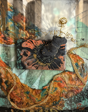 a very linear, loosely constructed gold wire figure is protruding outward, chest-first, arms extended, head thrown back, wearing a dark gray-green dress that progresses down to the flat surface into a vibrant metallic orange, flower-like dress twirling outward; the figure is holding a large orange, teal, and gold scarf that appears to be luffing with the figures excited movement; the figure appears to be in an abstract woodland of dark gray, straight, thick stripes of vertical tree trunks and bright white light pouring through, especially directly behind the figure's head, and lighting the mint green forest