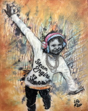 child posing in an energetic stance with right arm stretched up and the left arm stretched down as though taking a bow or striking a pose to show off the two pairs of pink and blue earmuffs he or she managed to put on at the same time, the many silver beaded necklaces adorning his or her neck, and the well-suited shirt that says "Steam Engine" in cursive across the front; the child is in black and white and the background is bursting, highly textured, linear and splotchy, with orange, yellow, dark purple, turquoise and white