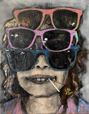 muted neutral toned close-up view of a child with a smirk, a lollipop in mouth, and two front teeth showing, proudly wearing four pairs of sunglasses - dark blue, purple with rhinestones, pink with mint green, and orange that fades to yellow - stacked from just below his or her eyes all the way to the top of his or her curly, shiny copper-brown hair